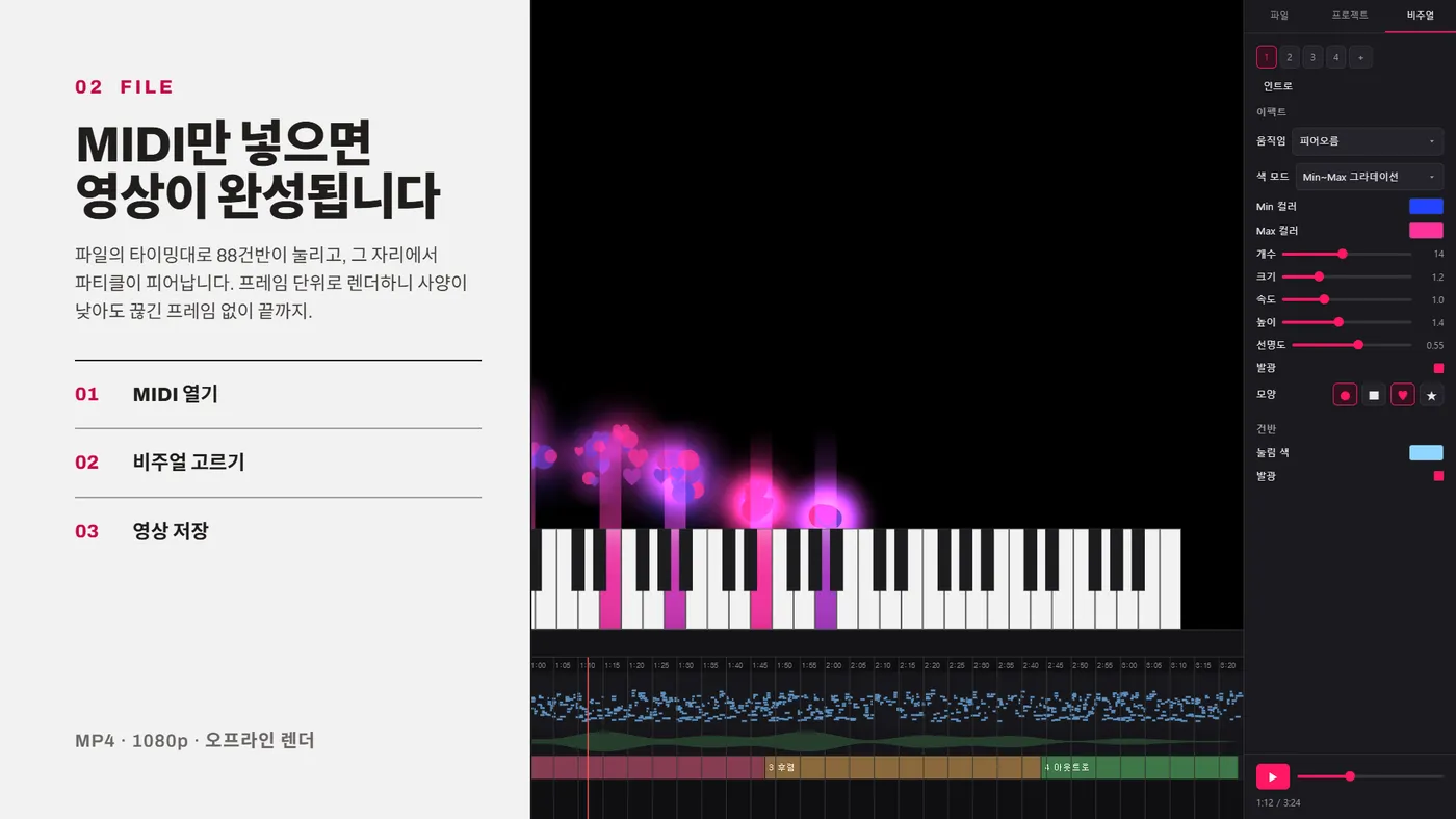 KeyBloom 앱 화면 — 무대, 시퀀서, 비주얼 패널